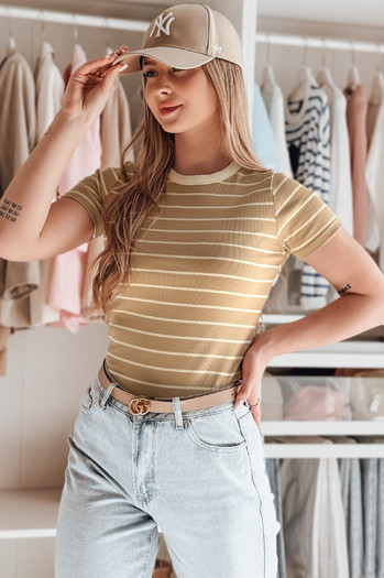 T-shirt damskie basic w paski LINESS kamelowy Dstreet RY2819
