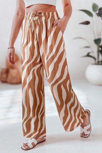 Spodnie damskie wide leg w paski ZEBRAVIBE beżowo-kamelowe Dstreet UY2655