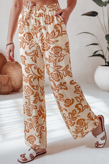 Spodnie damskie wide leg w kwiaty LOVEGARDEN kamelowe Dstreet UY2657