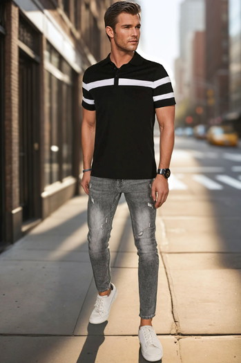 Koszulka męska polo z paskami czarna Dstreet PX0631