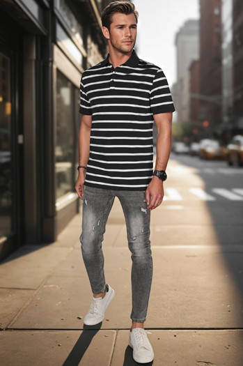 Koszulka męska polo w paski czarna Dstreet PX0636