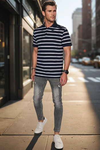 Koszulka męska polo w paski granatowa Dstreet PX0637