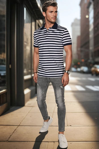 Koszulka męska polo w paski granatowa Dstreet PX0641