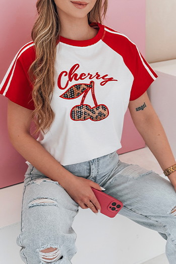 T-shirt damski z efektem 3D CEKINKA czerwony Dstreet RY2866