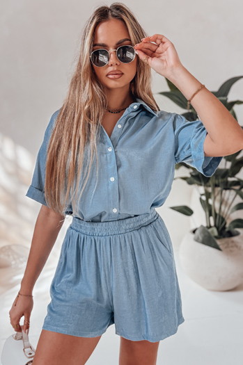 Komplet damski lniany oversize LINEN LOVE jasnoniebieski Dstreet AY1139