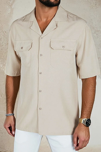 Koszula męska z krótkim rękawem beżowa Dstreet KX1087