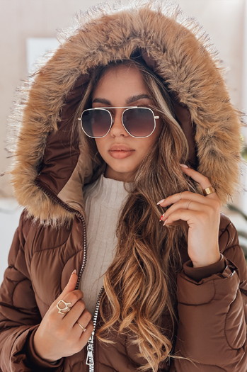 Kurtka damska zimowa VIRELIA pikowana z kapturem brązowa Dstreet TY4936