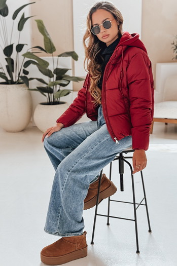 Kurtka damska zimowa krótka GLAMVO puchowa z kapturem bordowa Dstreet TY4949