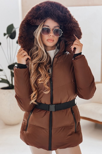 Kurtka damska zimowa pikowana z kapturem LOVELINA brązowa Dstreet TY4953