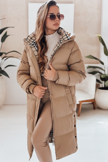 Kurtka damska zimowa WINTERMISS długa pikowana z kapturem ciemnobeżowa Dstreet TY4966
