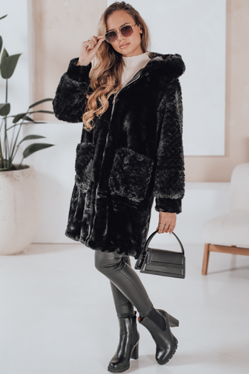 Płaszcz damski futerkowy MISSFLUFF czarny Dstreet TY4982