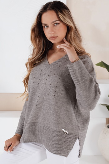 Damski sweter z dekoltem V VERALIA szary Dstreet MY2519