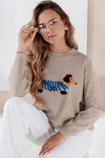 Damski sweter z aplikacją psa CHICPAWS beżowy Dstreet MY2543