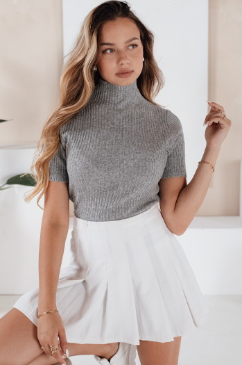 Damski sweter prążkowany z krótkim rękawem GIRLGLORY szary Dstreet MY2551