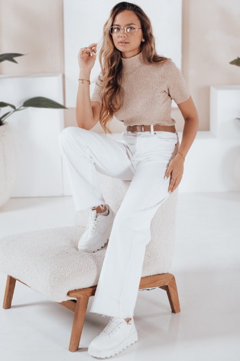 Damski sweter prążkowany z krótkim rękawem GIRLGLORY beżowy Dstreet MY2553