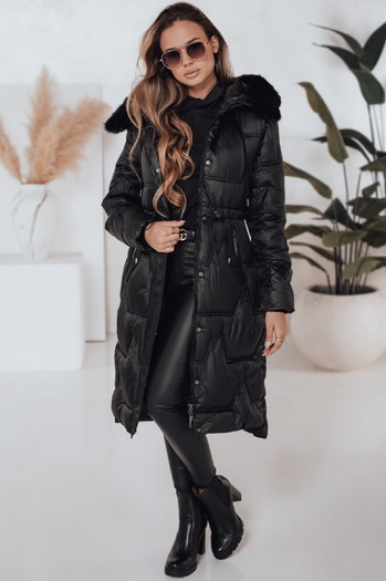 Kurtka zimowa damska długa pikowana z futerkiem czarna Dstreet TY5072