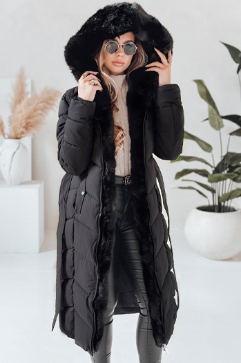 Kurtka zimowa damska długa pikowana z futerkiem czarna Dstreet TY5085