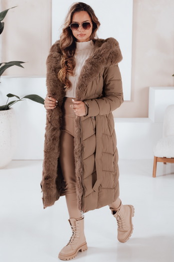 Kurtka zimowa damska długa pikowana z futerkiem kamelowa Dstreet TY5086