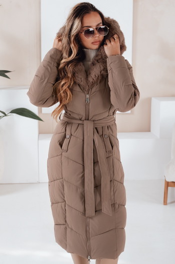 Kurtka zimowa damska długa pikowana z futerkiem ciemnobeżowa Dstreet TY5087