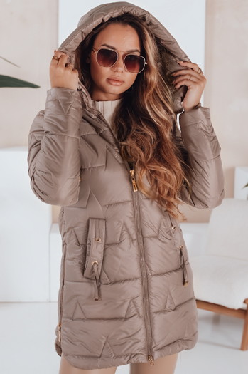 Kurtka zimowa damska pikowana z kapturem ciemnobeżowa Dstreet TY5093