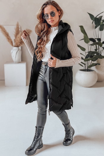 Kamizelka damska długa pikowana z kapturem czarna Dstreet TY5096