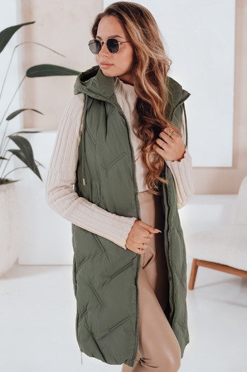Kamizelka damska długa pikowana z kapturem zielona Dstreet TY5097