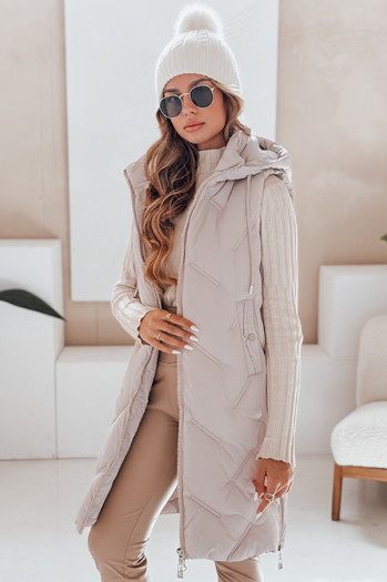 Kamizelka damska długa pikowana z kapturem beżowa Dstreet TY5099