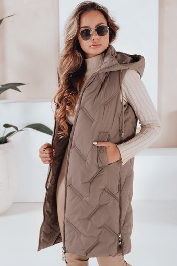 Kamizelka damska długa pikowana z kapturem ciemnobeżowa Dstreet TY5100