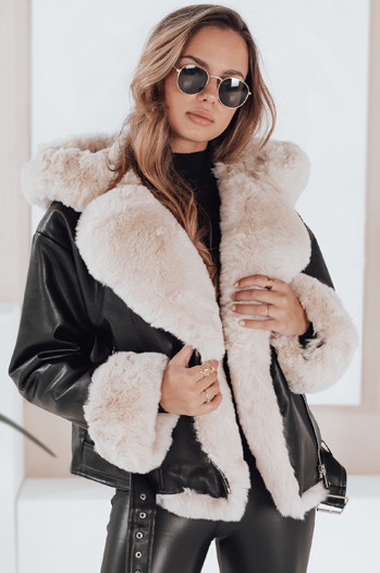 Kurtka damska ramoneska skórzana z futerkiem czarna Dstreet TY5118