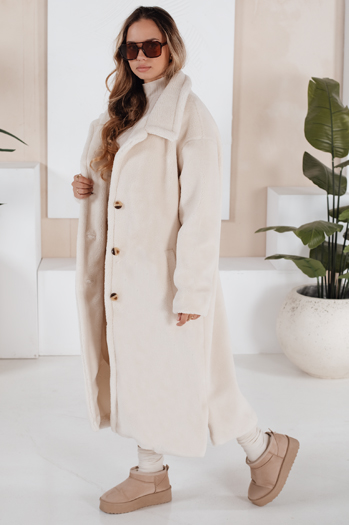 Płaszcz zimowy damski teddy futrzany długi kremowy Dstreet NY0750