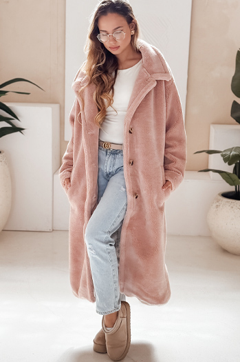 Płaszcz zimowy damski teddy futrzany długi różowy Dstreet NY0751