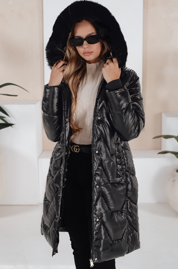 Kurtka damska zimowa ELECIO długa pikowana z kapturem czarna Dstreet TY5178