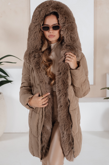 Kurtka damska zimowa MORISIO długa pikowana z kapturem beżowa Dstreet TY5183