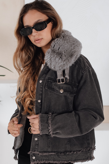 Kurtka damska FURDENIM jeansowa z futerkiem ciemnoszara Dstreet TY5185
