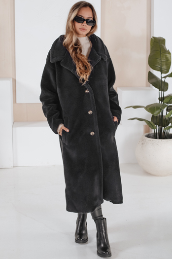 Płaszcz zimowy damski teddy futrzany długi czarny Dstreet NY0760