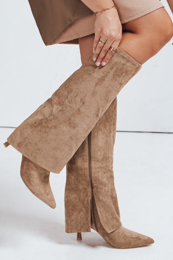 Kozaki damskie zamszowe z szeroką cholewką khaki Dstreet ZY1099