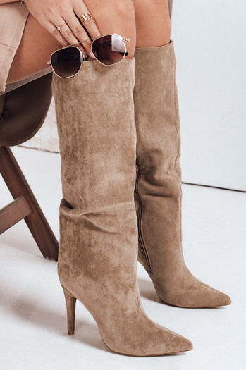 Kozaki damskie na obcasie zamszowe beżowe Dstreet ZY1113