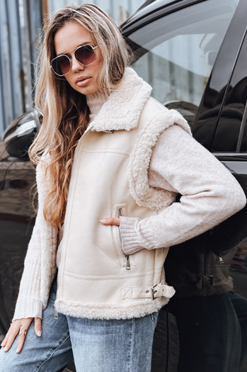 Kamizleka damska skórzana z kożuchem beżowa Dstreet TY5238