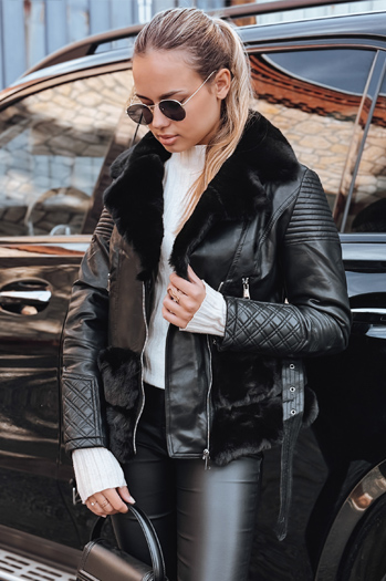 Kurtka damska skórzana ramoneska z futerkiem czarna Dstreet TY5274