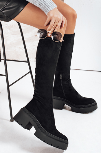 Kozaki damskie zamszowe na grubej podeszwie czarne Dstreet ZY1210