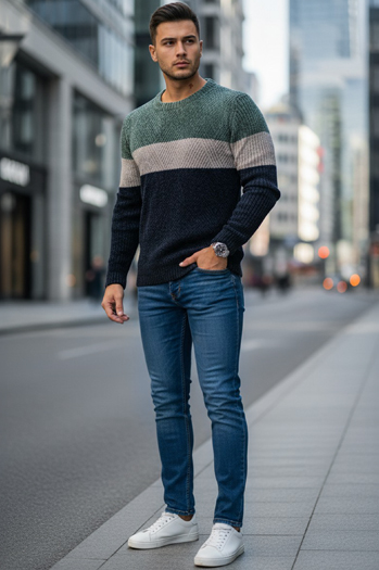 Sweter męski z okrągłym dekoltem zielono-granatowy Dstreet WX2319