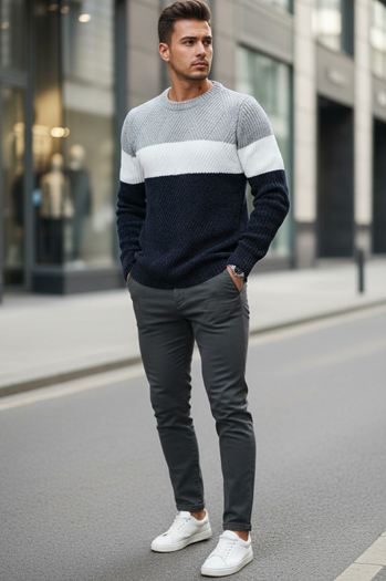 Sweter męski z okrągłym dekoltem szaro-granatowy Dstreet WX2320