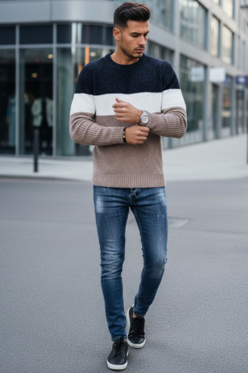 Sweter męski z okrągłym dekoltem granatowo-beżowy Dstreet WX2321