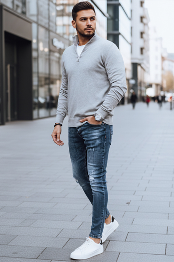 Sweter męski gładki ze stójką jasnoszary Dstreet WX2348