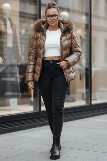 Kurtka damska zimowa pikowana z futerkiem brązowa Dstreet TY5359