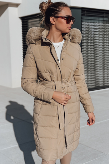 Kurtka damska zimowa długa z futerkiem jasnobeżowa Dstreet TY5463