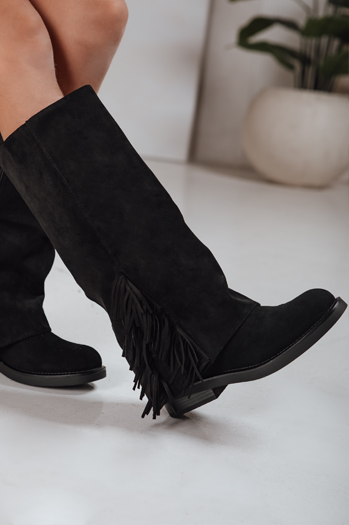 Kozaki damskie zamszowe z frędzlami czarne Dstreet ZY1268