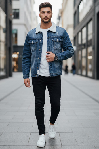 Kurtka męska jeansowa ocieplana z kożuchem granatowa Dstreet TX4729z