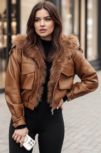 Kurtka skórzana damska z futerkiem SOFTREBEL brązowa Dstreet TY4761z
