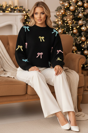 Sweter damski one size TIELUSH w małe kokardki czarny Dstreet MY2358z